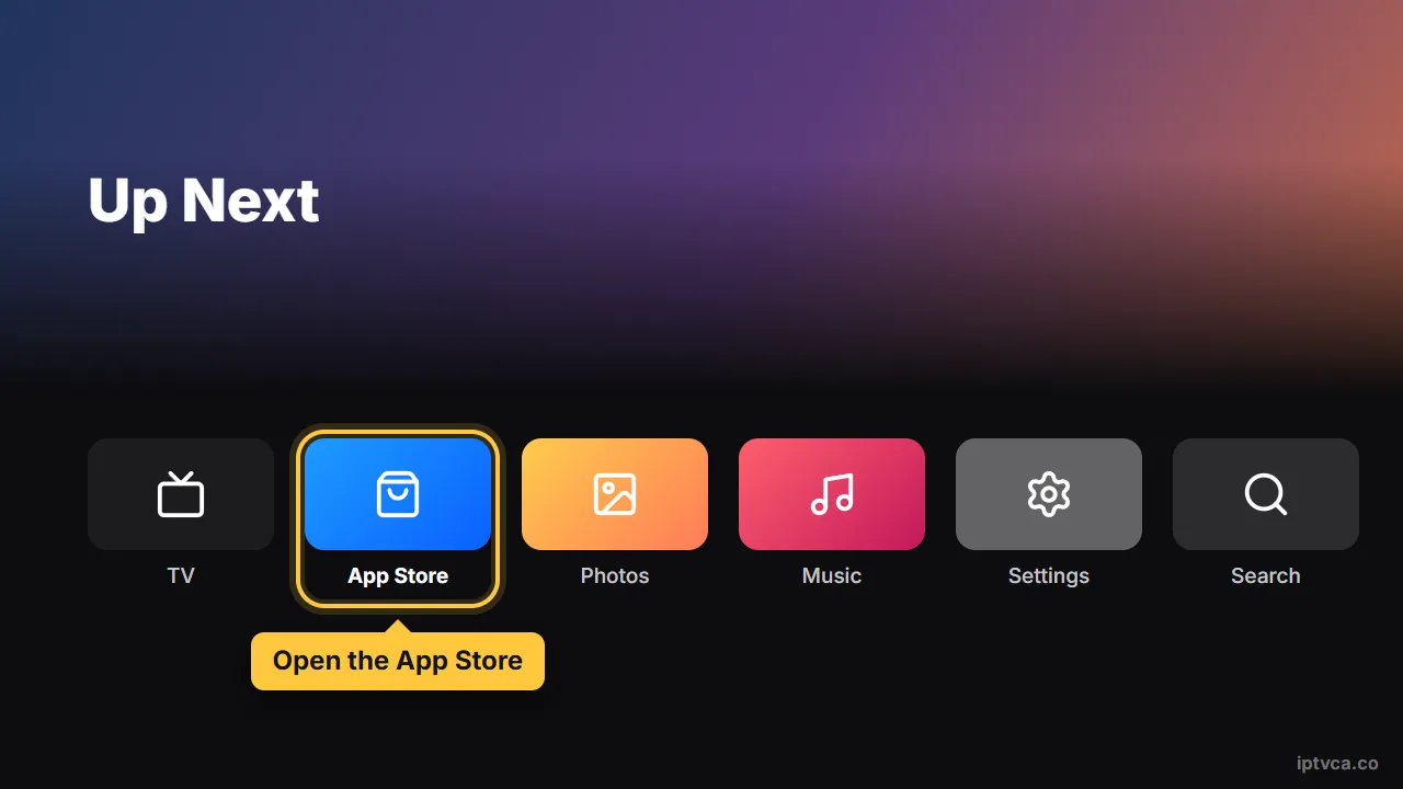 Apple TV home screen with the App Store selected — IPTV on Apple TV UK setup