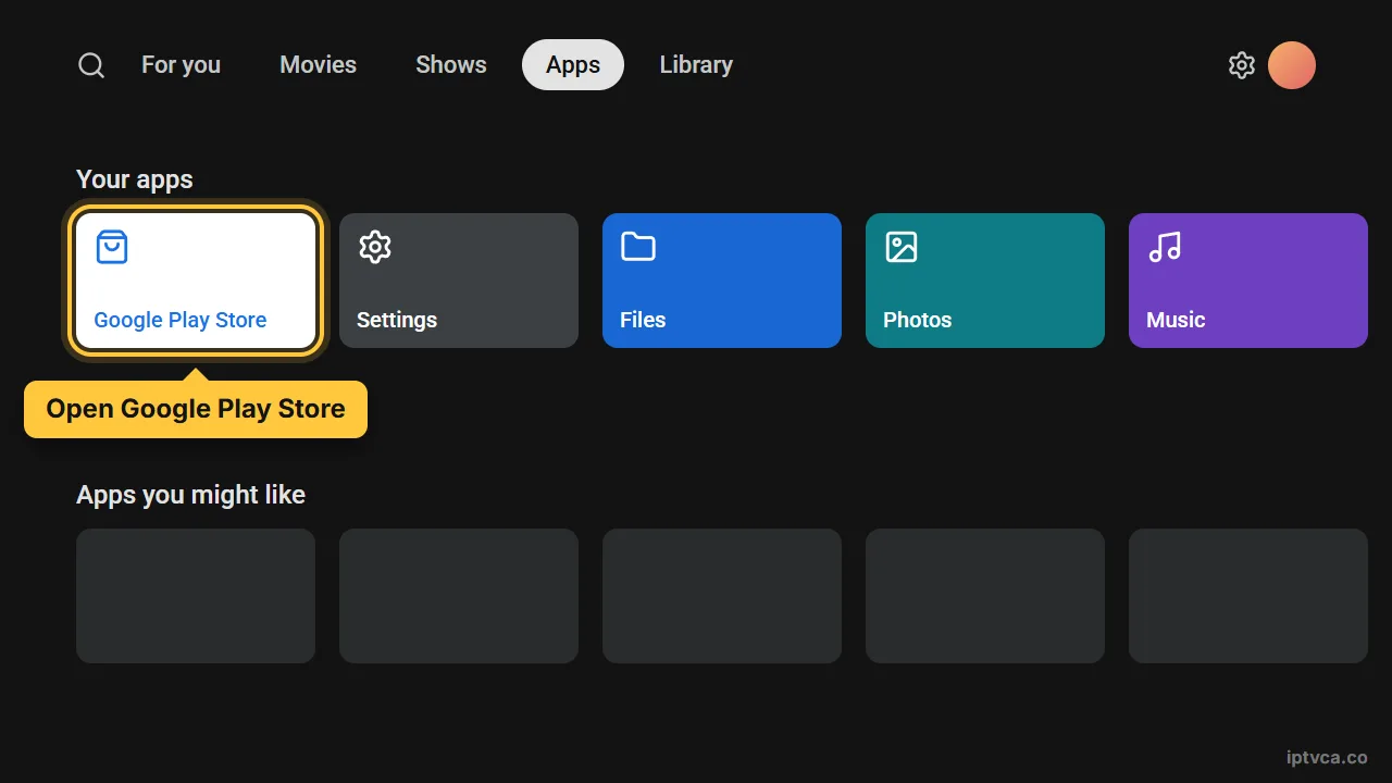 Google TV Apps tab with Google Play Store selected — IPTV on Android TV UK setup