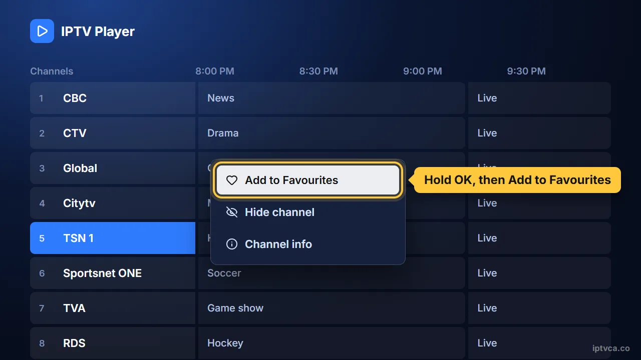 IPTV player TV guide with the Add to Favourites option on a channel