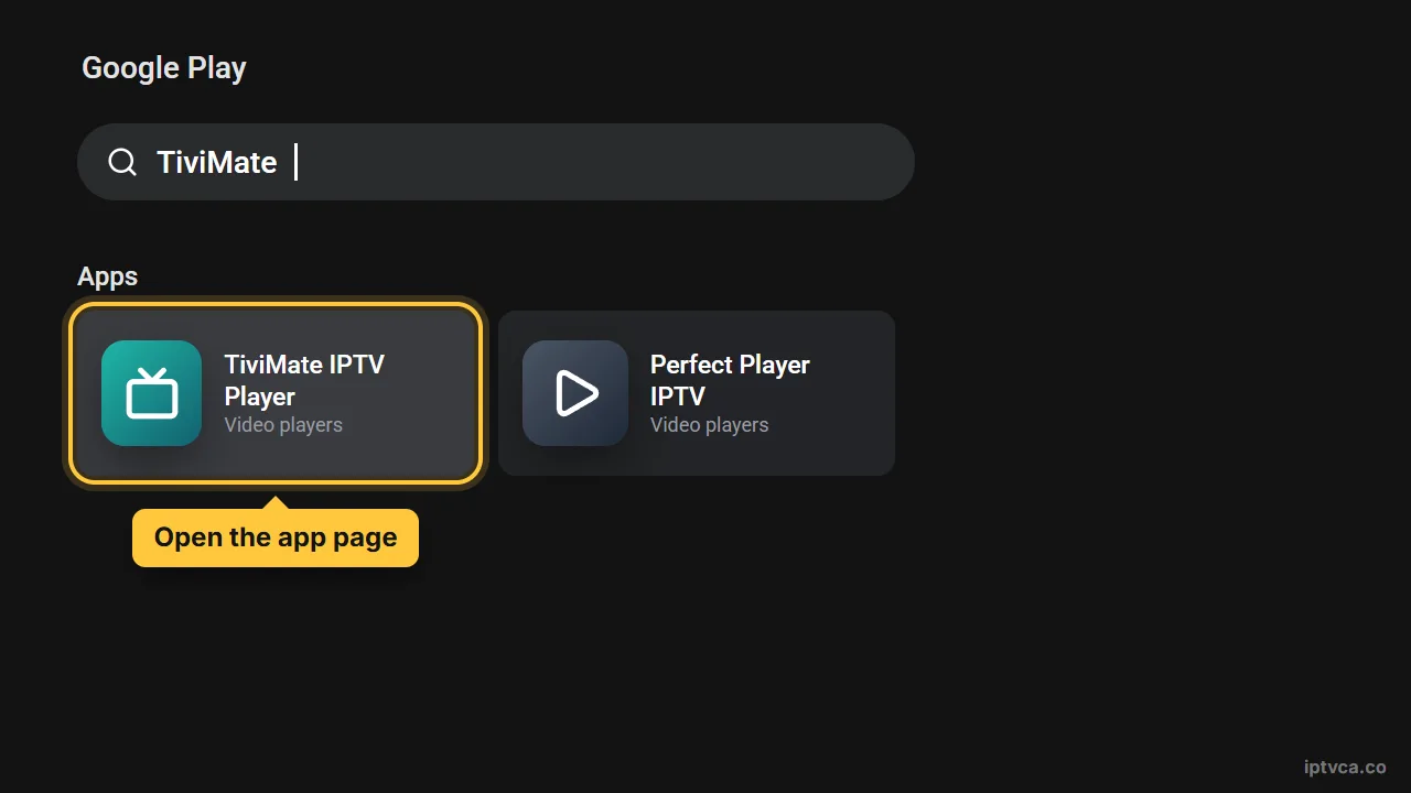 Google Play search for TiviMate on Android TV