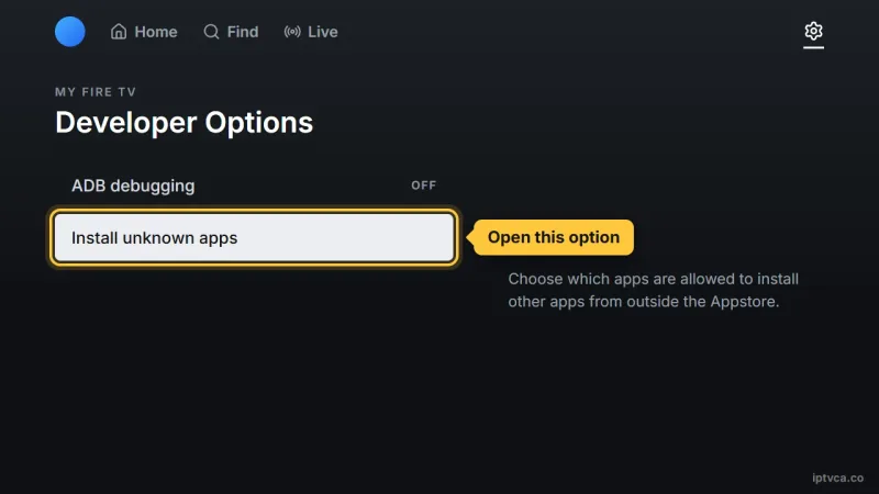Fire TV Developer Options with Install unknown apps selected
