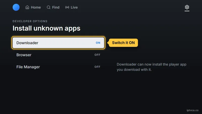 Fire TV Install unknown apps list with Downloader switched on