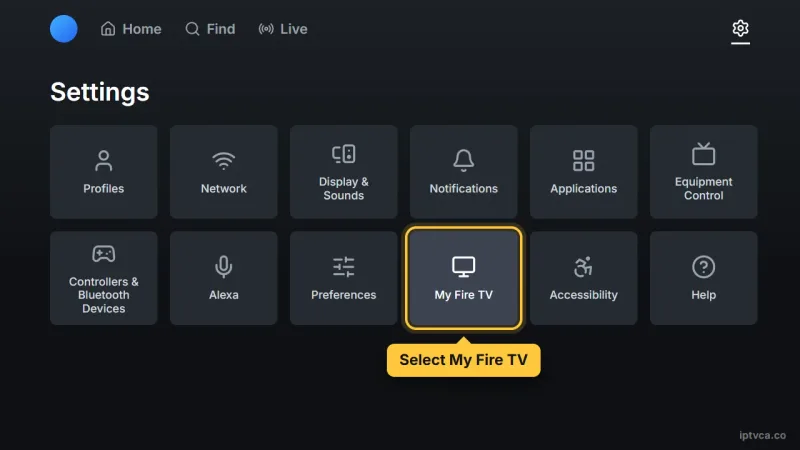 Fire TV Settings screen with My Fire TV selected — IPTV on Firestick UK setup