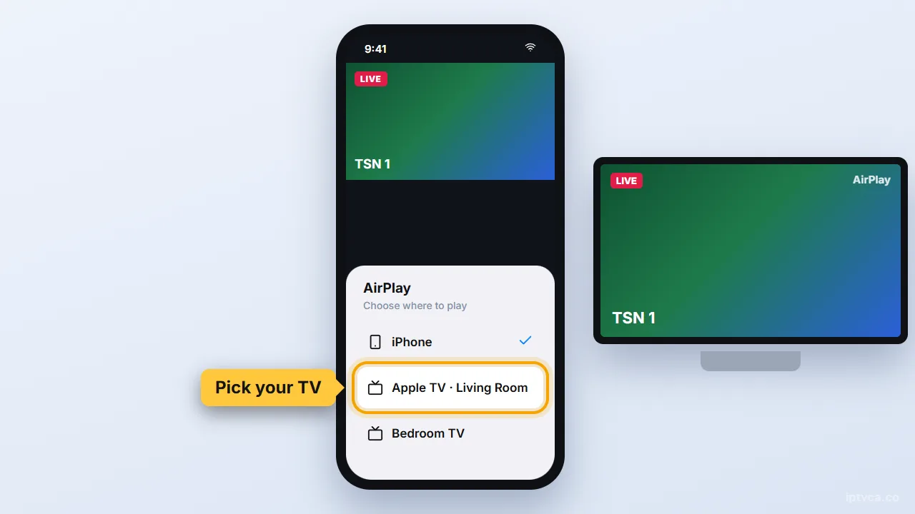 iPhone AirPlay menu with the living room Apple TV selected
