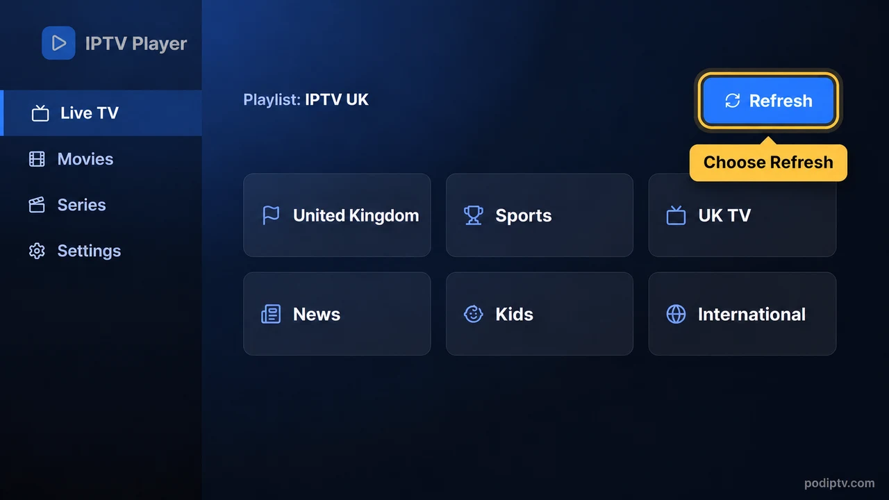 IPTV player with the POD IPTV playlist loaded and the Refresh button selected