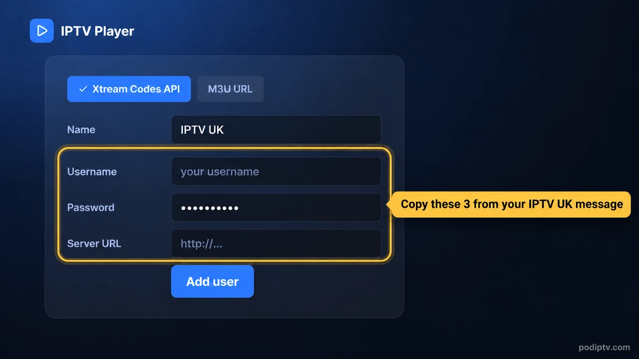 Computer IPTV setup: account fields for a Windows or Mac player