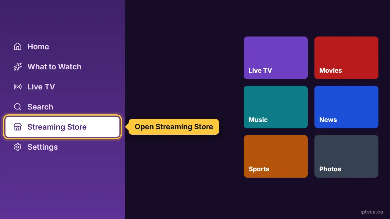 Roku home menu with Streaming Store selected — IPTV on Roku UK setup