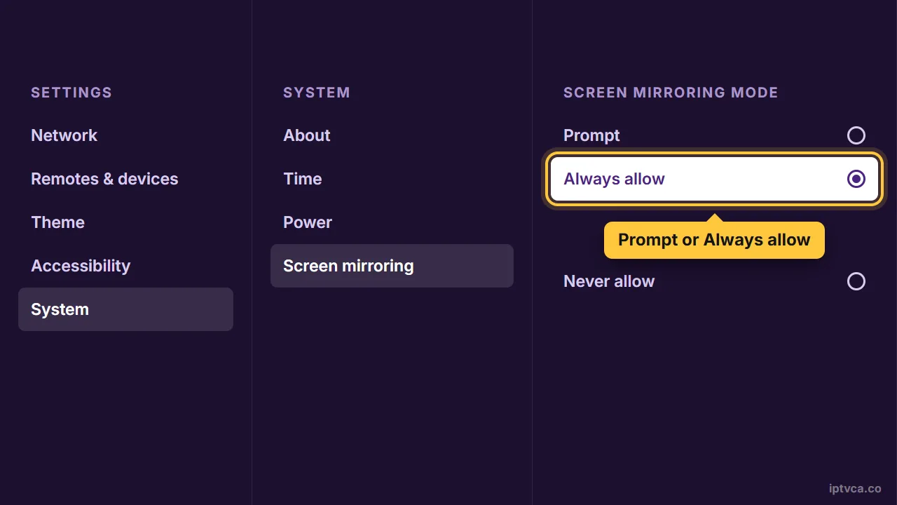 Roku screen mirroring mode set to Always allow