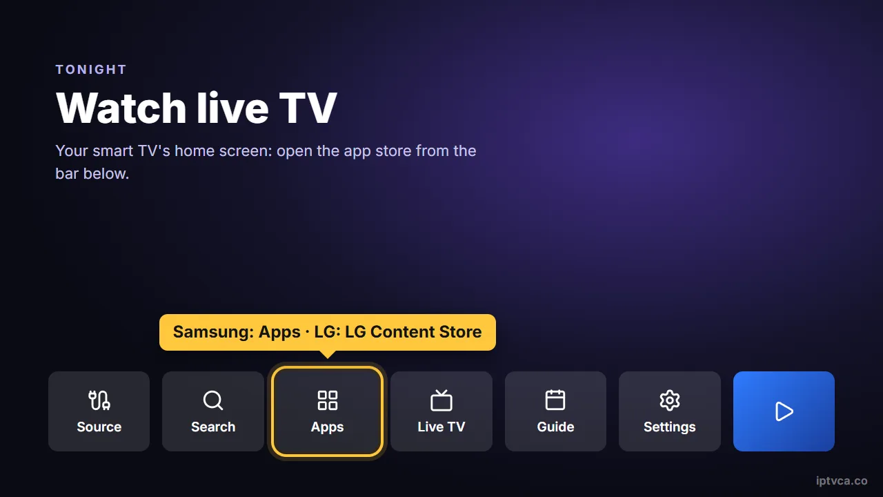 Smart TV home bar with Apps selected (LG Content Store on LG TVs) — IPTV on Smart TV UK setup